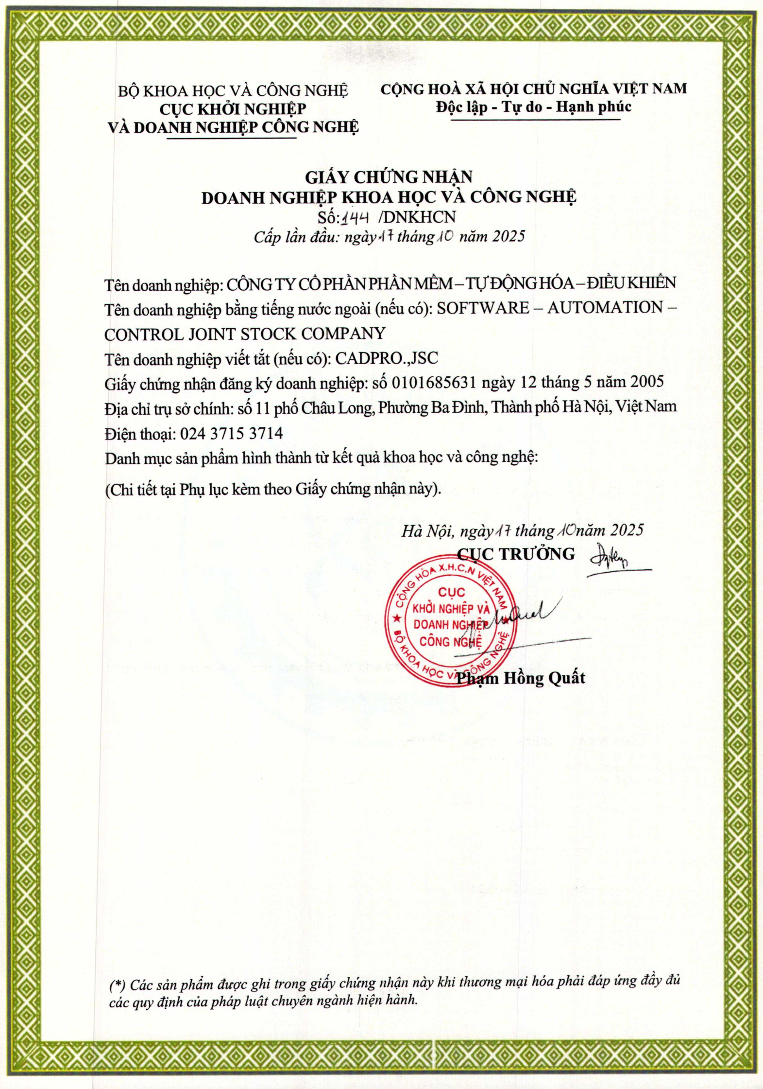 Extracted pages from GCN doanh nghiep KHCN_CadPro